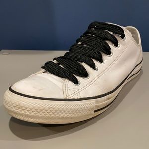 Converse All-Star white leather low tops with straight fat laces men’s size 9 US